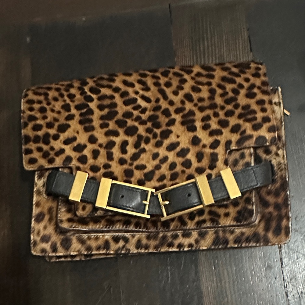 ALC Leopard Print Clutch with Black and Gold Accents